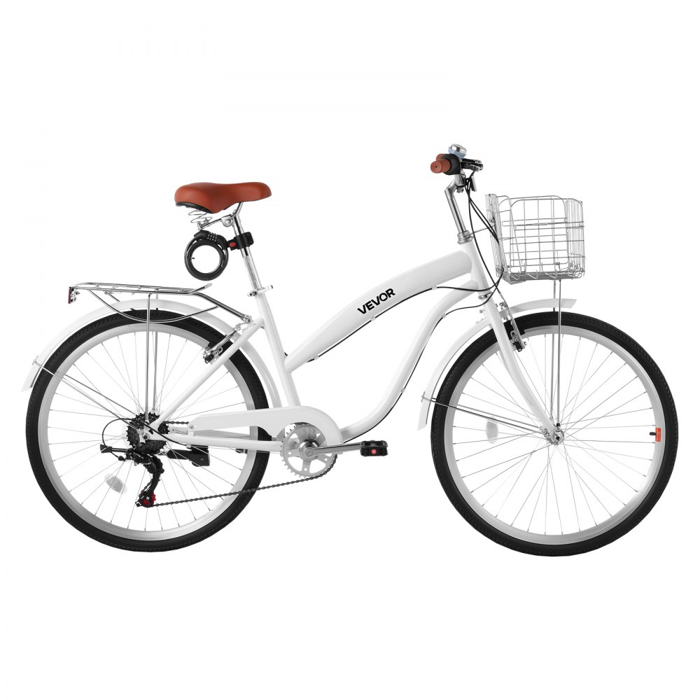 VEVOR Bicicletta Cruiser Beach Telaio Acciaio Carico 150kg Colore Bianco 7 Velocità, Cestino, Portapacchi Posteriore Doppi Freni V-Brake, Spostamenti Quotidiani, Dimensioni Ruota 660 mm 26 pollici