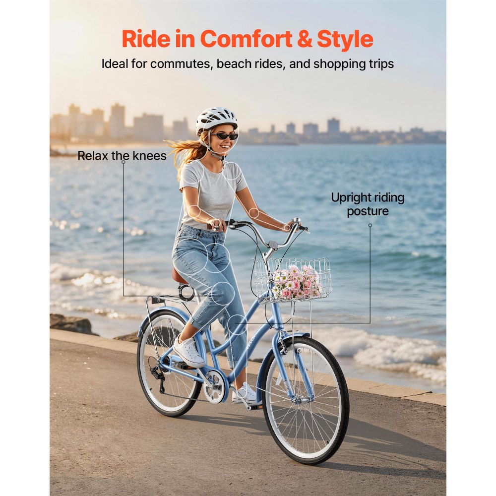 VEVOR Bicicletta Cruiser Beach Telaio Acciaio Carico 150kg Colore Azzurro 7 Velocità, Cestino, Portapacchi Posteriore Doppi Freni V-Brake, Spostamenti Quotidiani, Dimensioni Ruota 660 mm 26 pollici