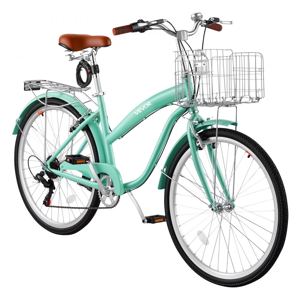 VEVOR Bicicletta Cruiser Beach Telaio Acciaio 7 Velocità Verde Chiaro 150kg Portapacchi Posteriore Doppi Freni V-Brake, Spostamenti Quotidiani, Strade Cittadine, Dimensioni Ruota 660 mm 26 pollici