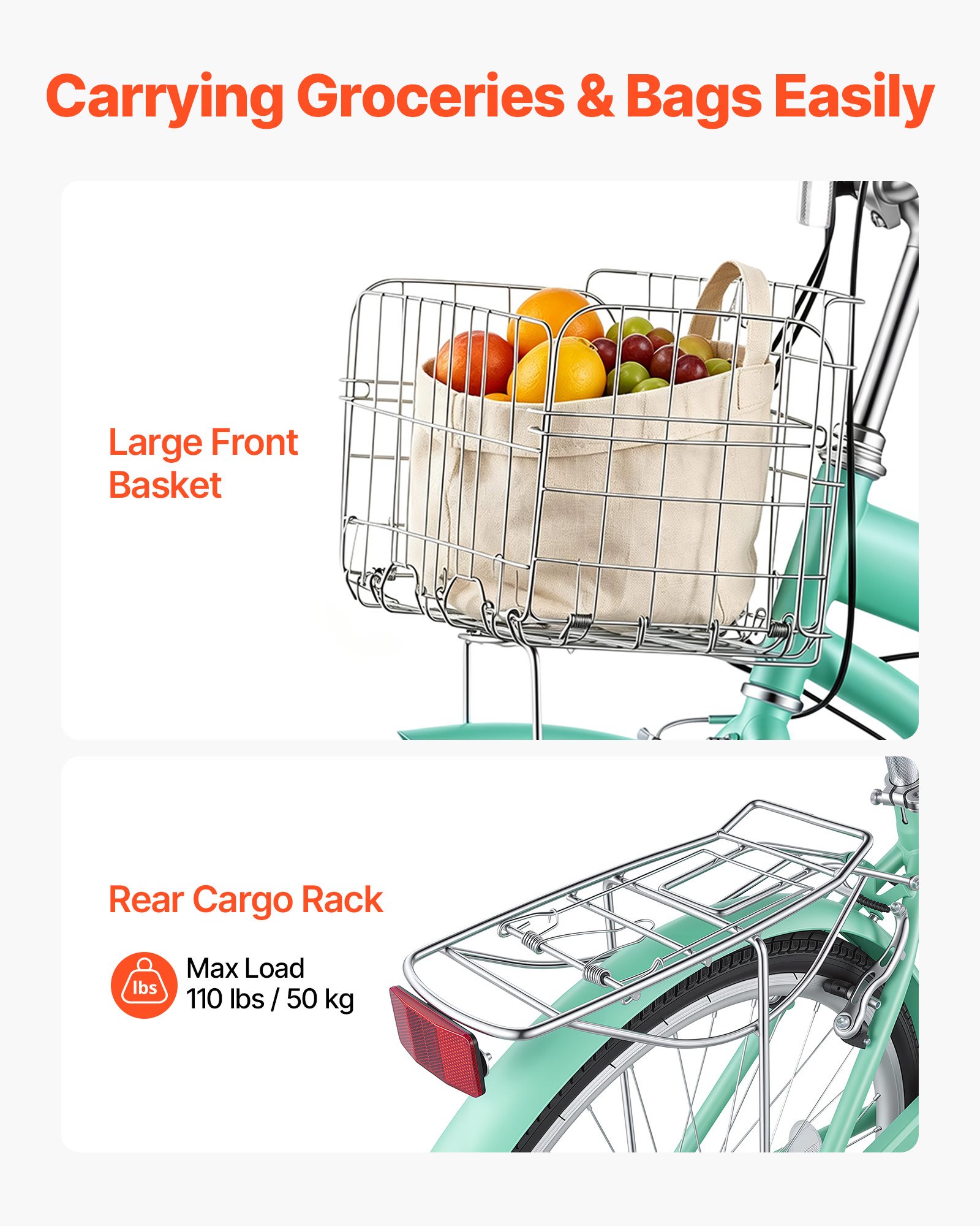 VEVOR Bicicletta Cruiser Beach Telaio Acciaio 7 Velocità Verde Chiaro 150kg Portapacchi Posteriore Doppi Freni V-Brake, Spostamenti Quotidiani, Strade Cittadine, Dimensioni Ruota 660 mm 26 pollici