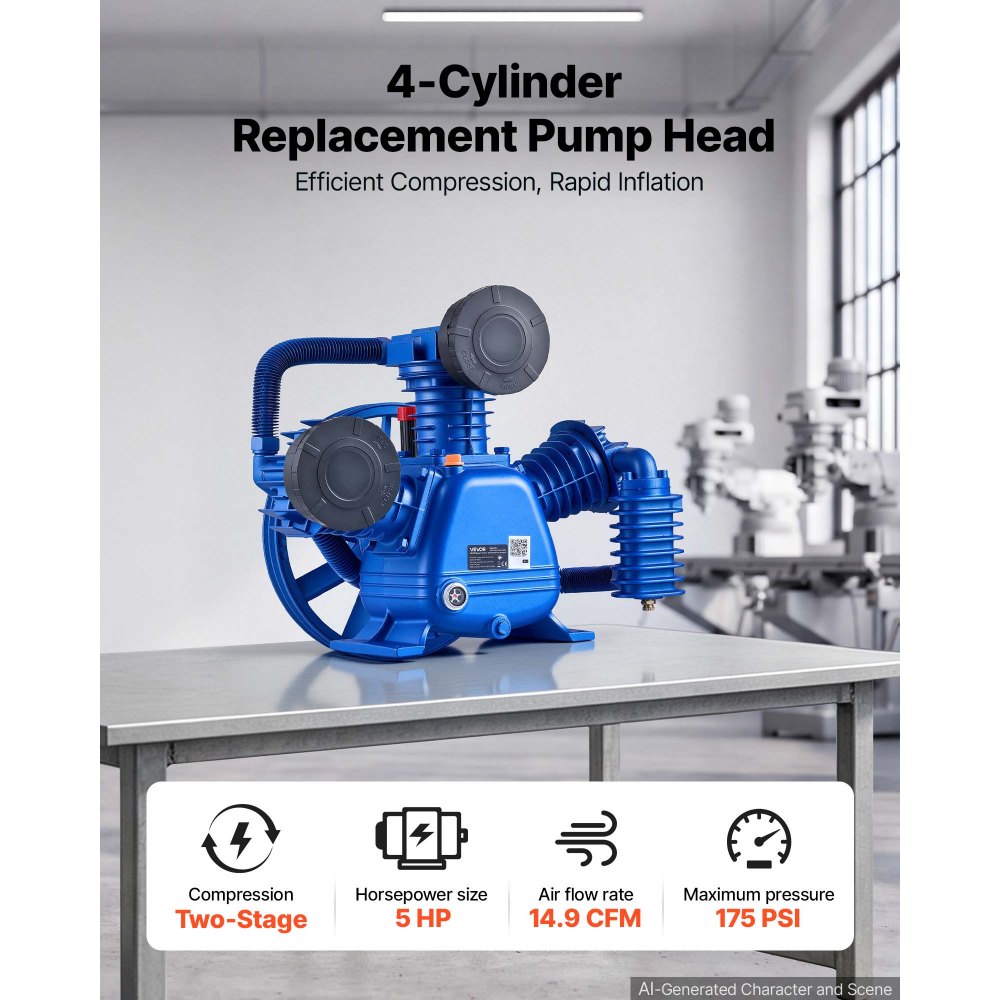 VEVOR Testata per Compressore d’Aria 3,73 kW 422 L/min 3 Cilindri Bistadio, Pompa Lubrificata a Olio, Struttura in Ghisa, Pressione Massima 12 Bar, Ideale per Falegnameria, Officina e Autoriparazione