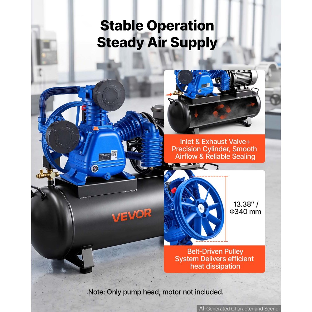 VEVOR Testata per Compressore d’Aria 3,73 kW 422 L/min 3 Cilindri Bistadio, Pompa Lubrificata a Olio, Struttura in Ghisa, Pressione Massima 12 Bar, Ideale per Falegnameria, Officina e Autoriparazione