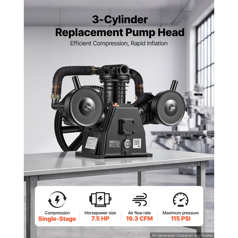 VEVOR Air Compressor Pump Head, 5.6 kW 547 L/min, 3-Cylinder Oil-Lubricated Air Compressor Pump Head, Single-Stage Cast Iron Replacement Head with Max 8 Bar Pressure for Woodworking Auto Repair