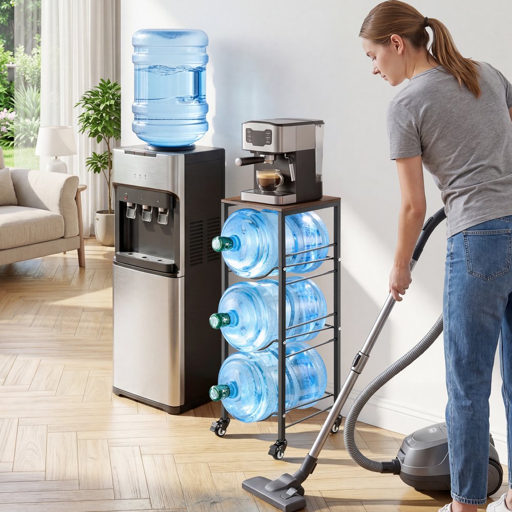 VEVOR Portaboccioni da Ufficio, Organizer Bottiglie Secchi 4 Livelli, da 11 L e 19 L, per 3 Bottiglie, con Ripiano e Rotelle, Colore Nero e Marrone, per Organizzazione Distributori Pubblici Acqua
