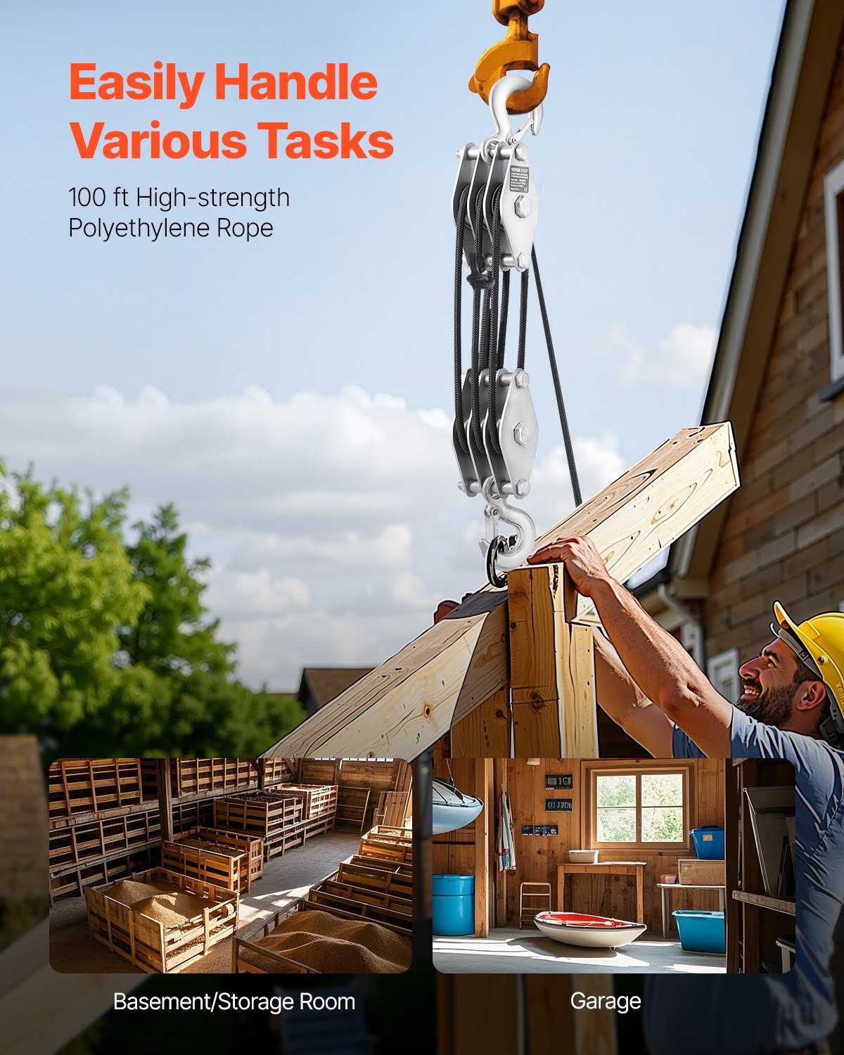 VEVOR Paranco a Puleggia con Fune 30,48 m, Resistenza alla Rottura 2 T, Sistema di Puleggia Potenza di Sollevamento 5:1 con 2 Anelli Morbidi, Struttura Portante con Ruote Metallo, Blocco e Paranco
