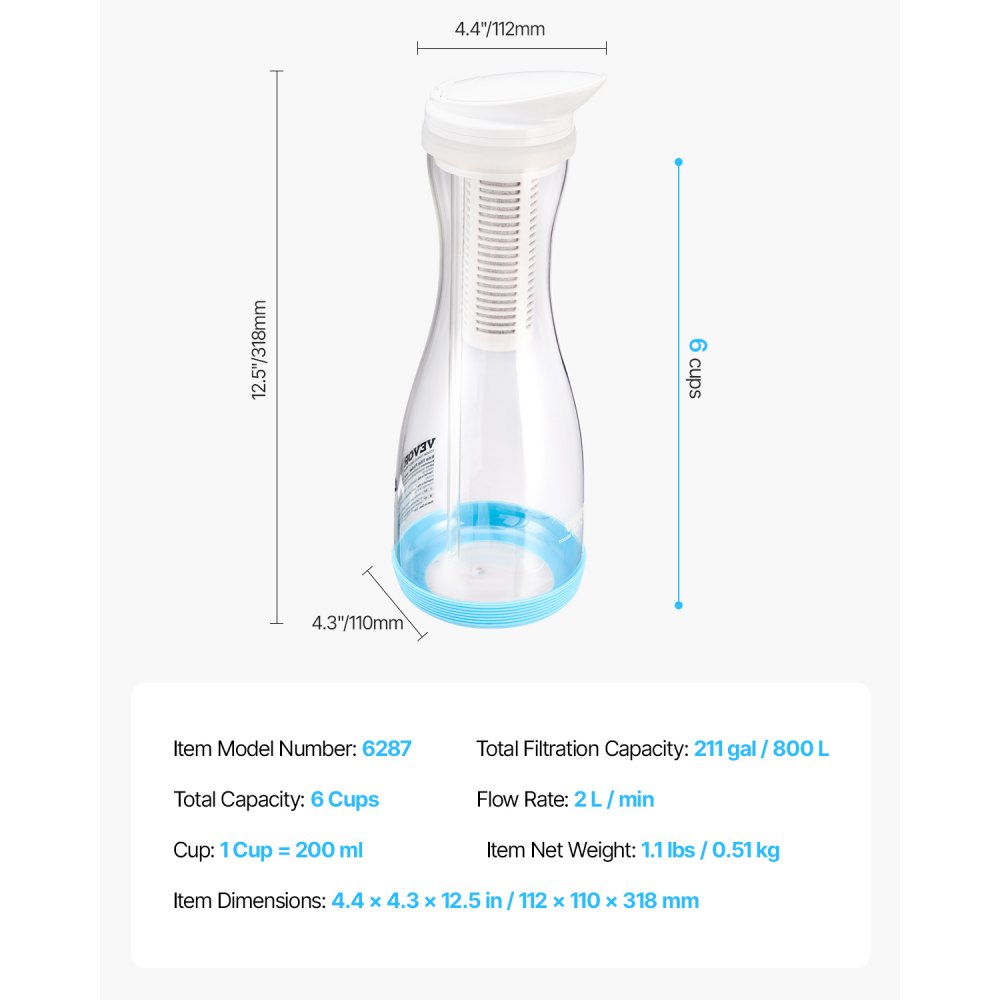 VEVOR Water Filter Pitcher, 6-Cup Glass Water Filter Dispenser, Refrigerator-Friendly Water Filtration System, BPA-Free, Lasts 3 Months / 800 L, Reduces Chlorine, Rust, Odors, PFOA/PFOS