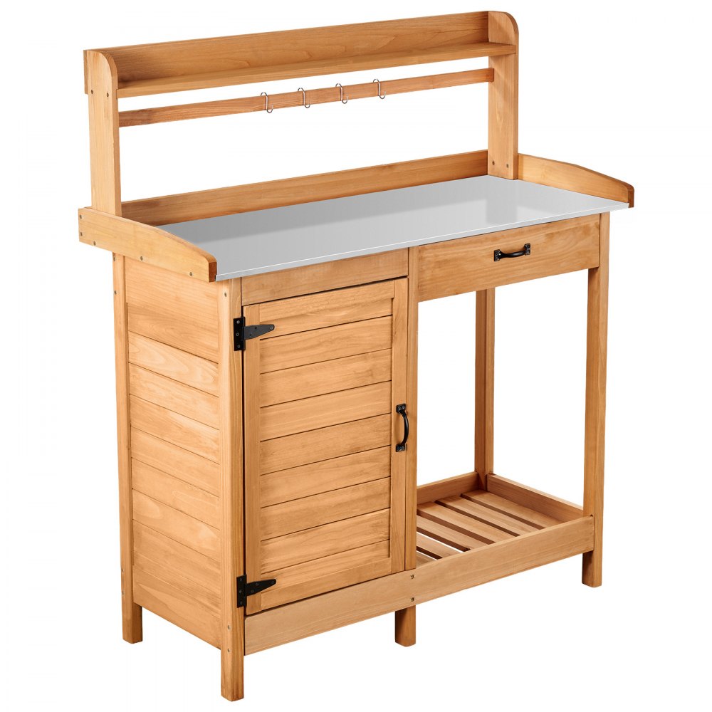 VEVOR Potting Bench Table, Outdoor Gardening Wooden Workstation with 112 x 46.5 cm Galvanized Iron Tabletop, Garden Work Station with Drawer, Storage Cabinet & Shelves, Hooks for Patio, Backyard