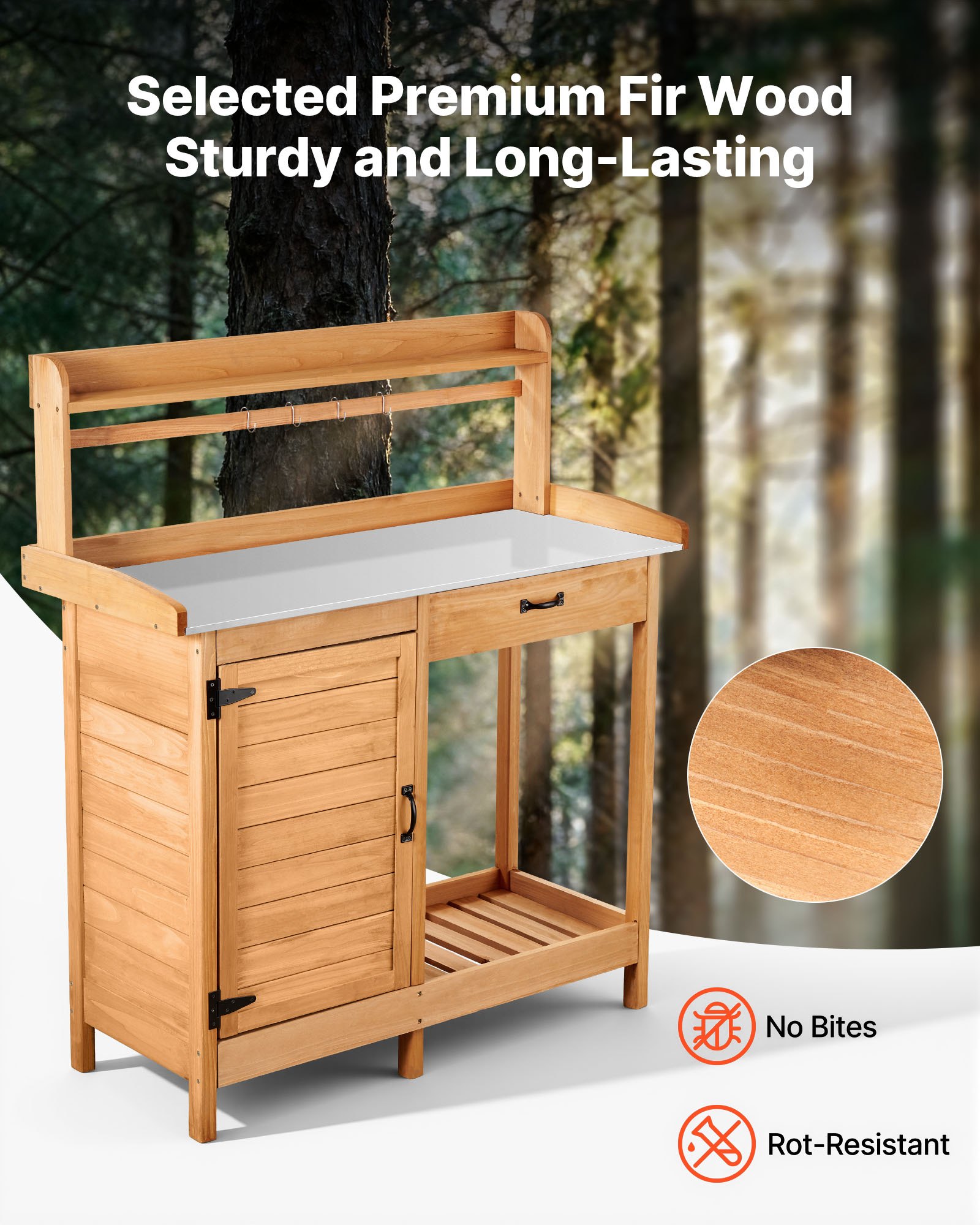 VEVOR Potting Bench Table, Outdoor Gardening Wooden Workstation with 112 x 46.5 cm Galvanized Iron Tabletop, Garden Work Station with Drawer, Storage Cabinet & Shelves, Hooks for Patio, Backyard