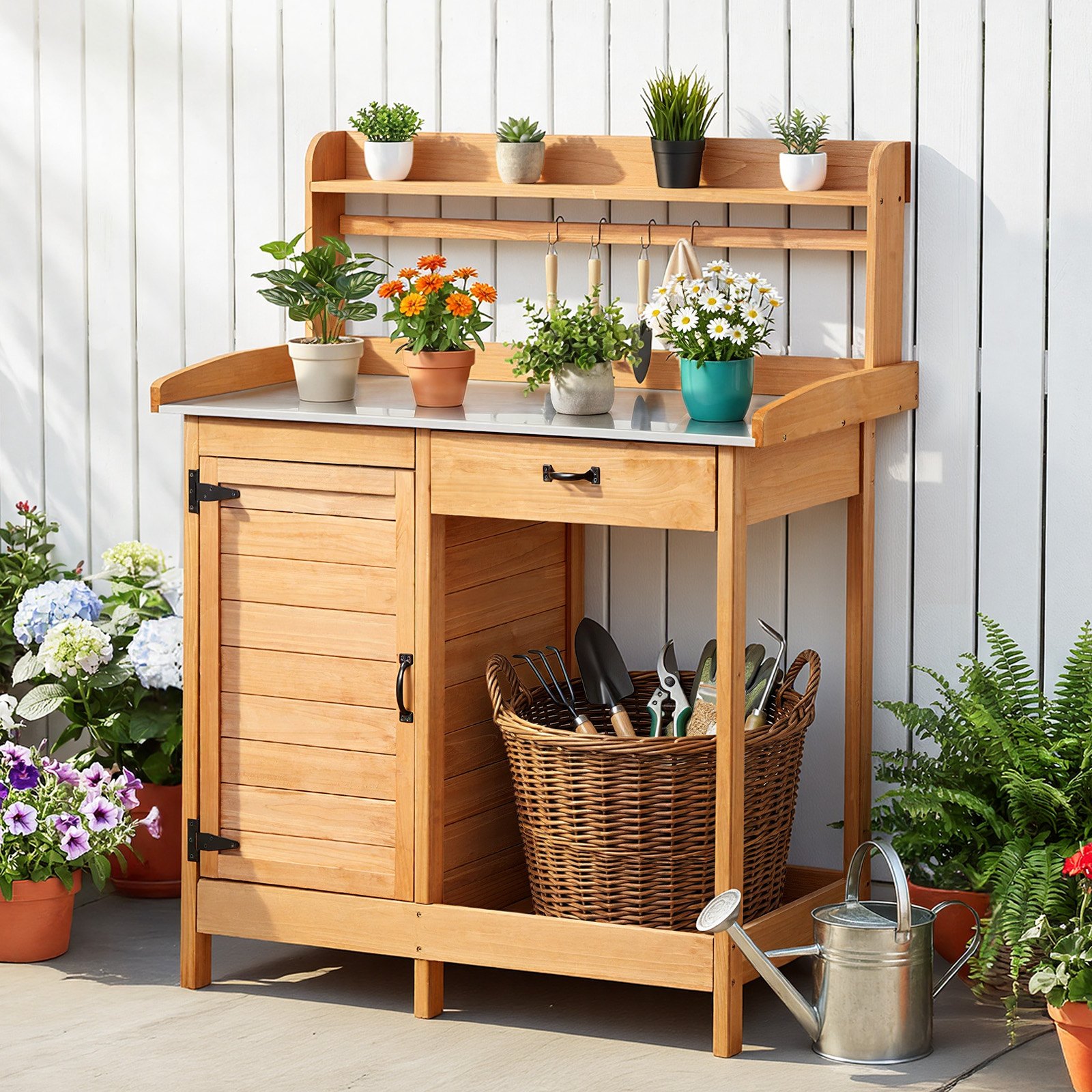 VEVOR Potting Bench Table, Outdoor Gardening Wooden Workstation with 112 x 46.5 cm Galvanized Iron Tabletop, Garden Work Station with Drawer, Storage Cabinet & Shelves, Hooks for Patio, Backyard