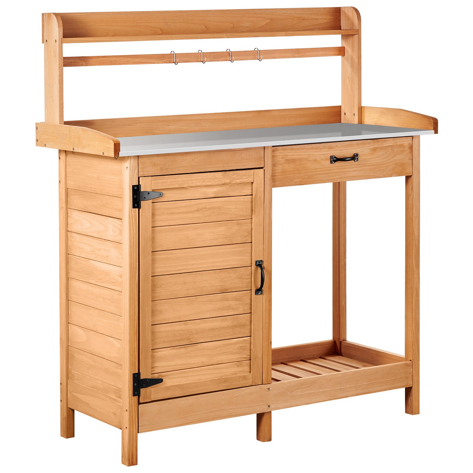 VEVOR Potting Bench Table, Outdoor Gardening Wooden Workstation with 112 x 46.5 cm Galvanized Iron Tabletop, Garden Work Station with Drawer, Storage Cabinet & Shelves, Hooks for Patio, Backyard