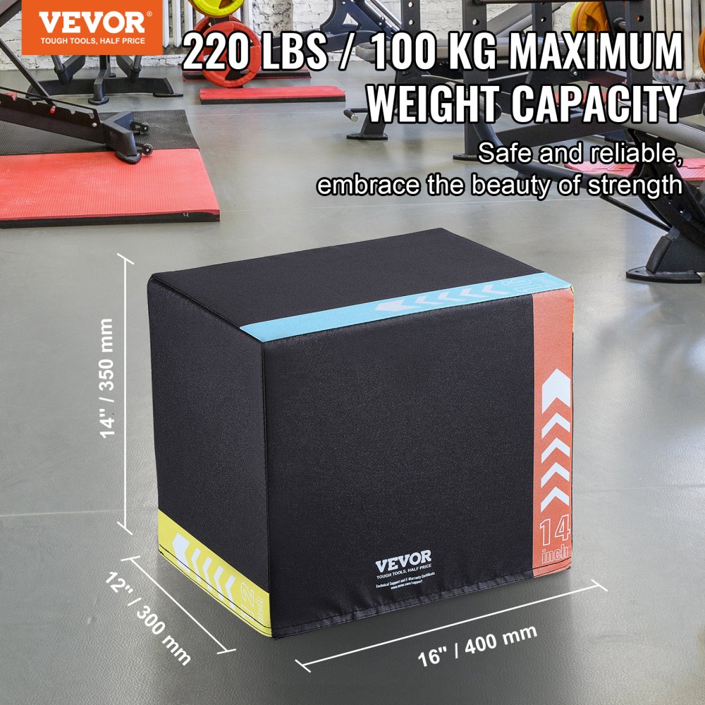 VEVOR 3-in-1 Plyometric Jump Box 16/14/12-inch Cotton Plyo Box, 100 kg Weight Capacity, Non-Slip Fitness Exercise Step-Up Box for Home Workouts, Jump Training, Black, Adjustable Height