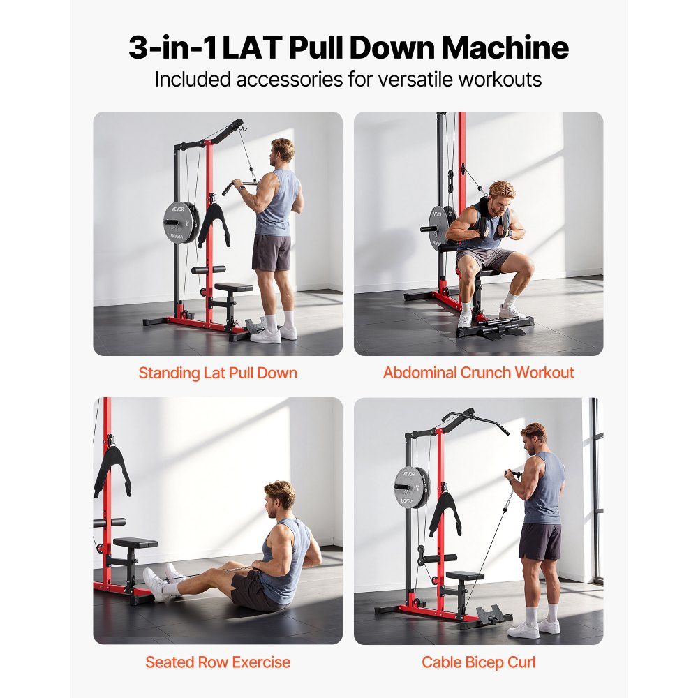 VEVOR Lat Machine Multifunzionale 3 in 1, Macchina a Cavi Professionale con Lat Pulldown e Crunch Addominali, Allenamento Schiena e Core a Casa e Palestra, Sedile e Rulli Regolabili, Carico Max 181 kg