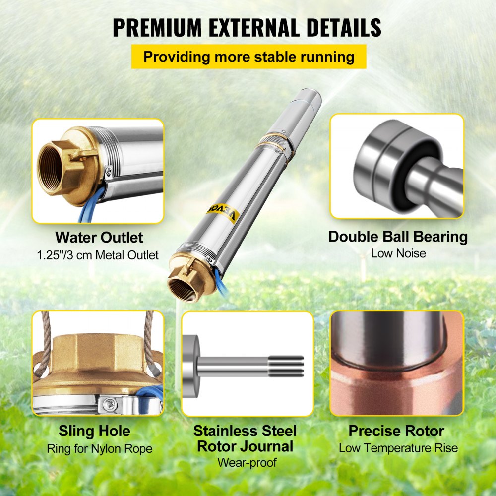VEVOR Pompa in Acciaio Inox Sommergibile per Pozzo 1,1kw 1,5HP con Scatola di Controllo, Pompa Sommersa per Pozzo Flusso Max. da 96L/min, Pompa Pozzo Sommersa Prevalenza Massima 104 m da Giardini Orti