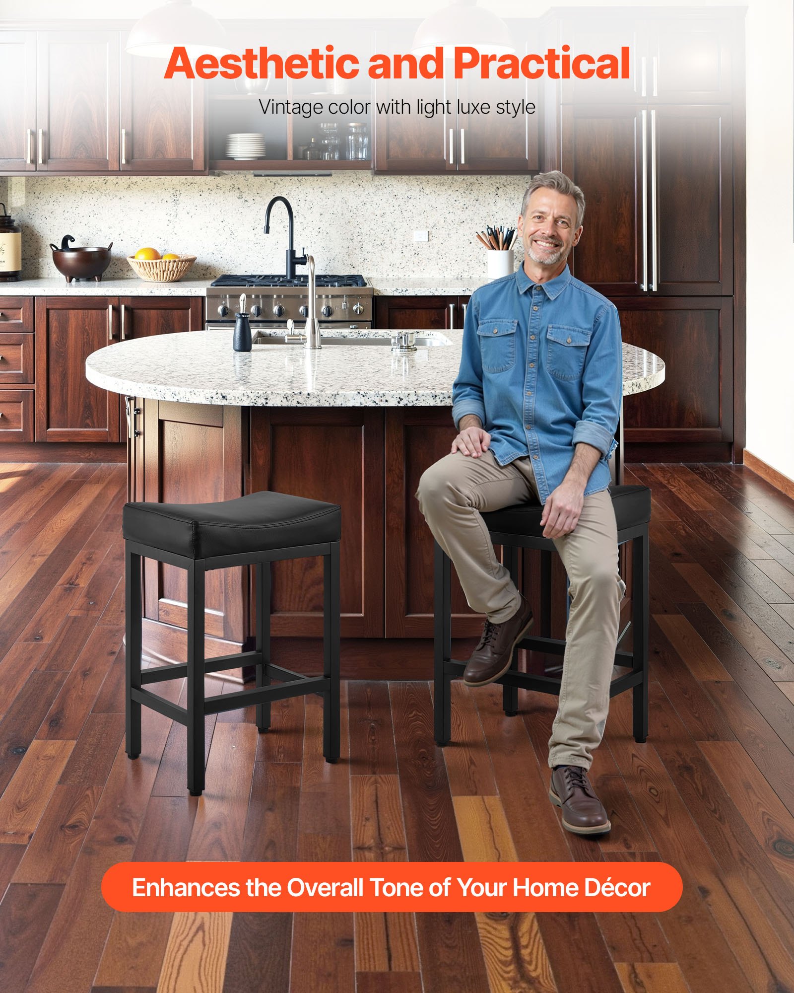 VEVOR Set di Sgabelli da Bar, Sgabelli da Bancone in Similpelle, 2 pezzi, Altezza 645 mm con Seduta Imbottita Gambe in Metallo, Capacità di Carico 136,1 kg per Sala da Pranzo, Bar, Cucina, Salotto