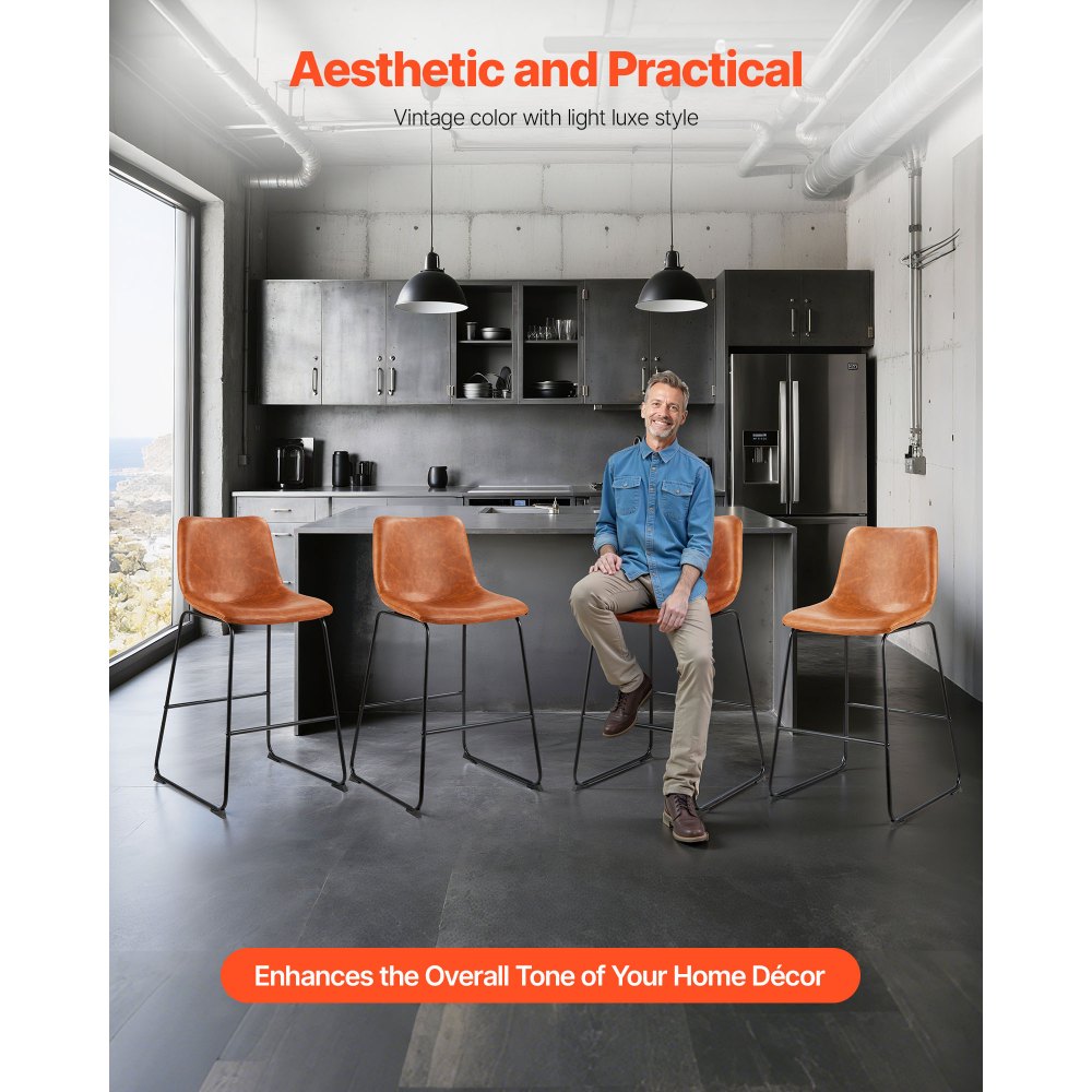 VEVOR Set di Sgabelli da Bar Altezza 945 mm, Sedie da Cucina in Similpelle con Schienale Struttura in Metallo, Capacità di Carico 149,7 kg, Sgabelli da Bar, Cucina, Sala da Pranzo, Marrone