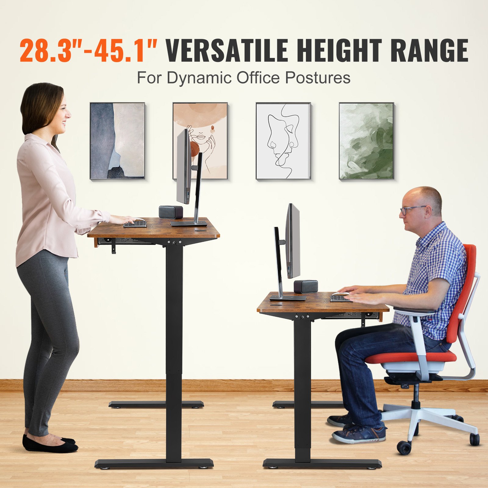 VEVOR Scrivania Regolabile in Altezza da Ufficio Home Office Studio Piano di Lavoro 1,2 x 0,6 m con Cassetto per Tastiera, Scrivania Ergonomica Altezza Regolabile Capacità Carico Massima 82 kg Marrone