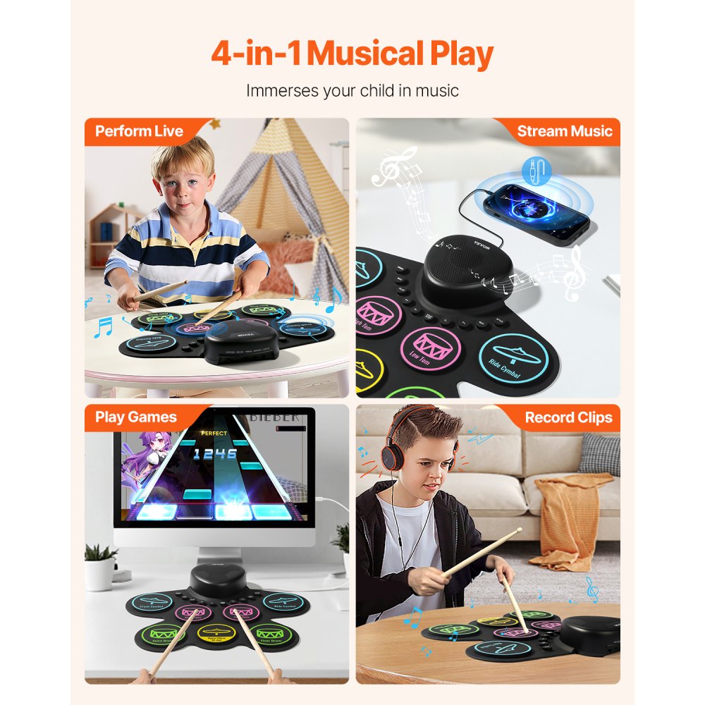 VEVOR Batteria Elettronica a 7 Pad, Pad per Esercizi Arrotolabile, Set di Batteria Elettronica con Jack per Cuffie, Altoparlante Integrato, Doppio Pedale, Strumento Giocattolo Portatile per Bambini