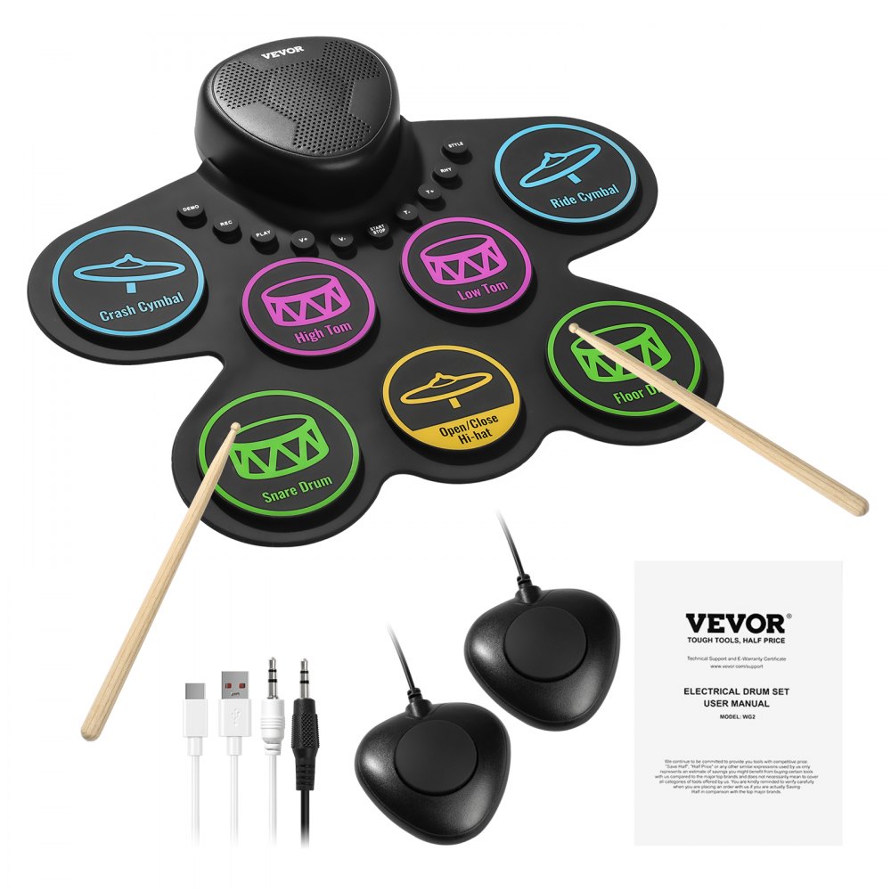 VEVOR Batteria Elettronica a 7 Pad, Pad per Esercizi Arrotolabile, Set di Batteria Elettronica con Jack per Cuffie, Altoparlante Integrato, Doppio Pedale, Strumento Giocattolo Portatile per Bambini