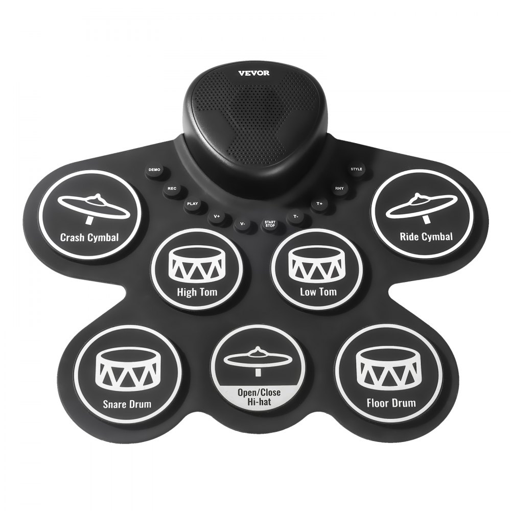 VEVOR 7-Pad Electronic Drum Kit, Roll-Up E-Drum Set with Headphone Jack, Two Foot Pedals, Two Drumsticks, Speakers, MIDI, Instrumental Toy for Children Ages 3 and Up, Black