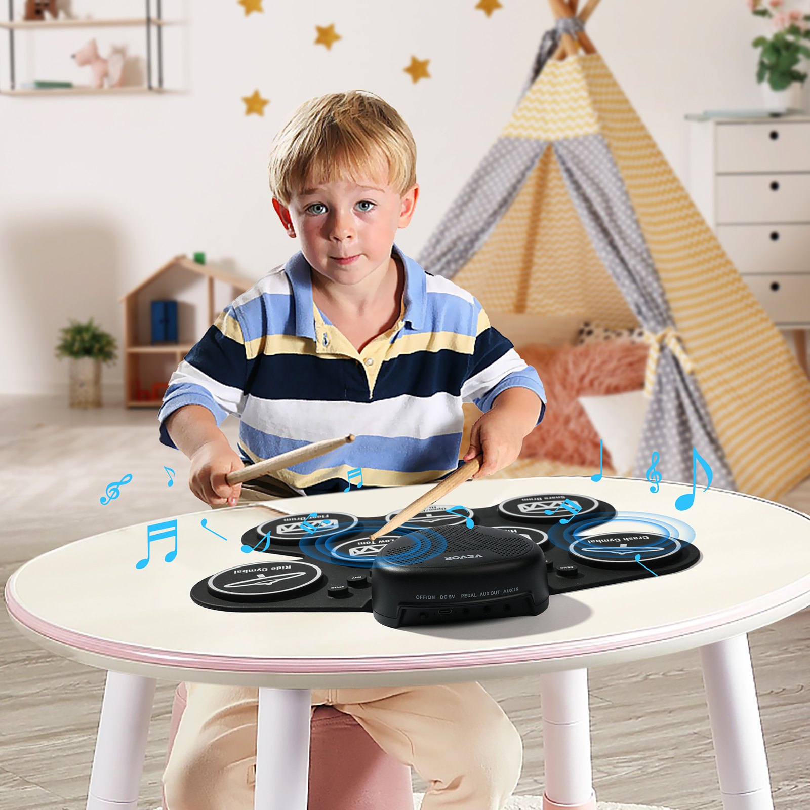 VEVOR 7-Pad Electronic Drum Kit, Roll-Up E-Drum Set with Headphone Jack, Two Foot Pedals, Two Drumsticks, Speakers, MIDI, Instrumental Toy for Children Ages 3 and Up, Black