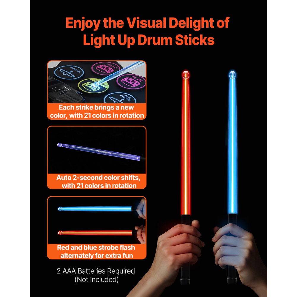 VEVOR Batteria Elettrica, 9 Pad, Pad per Esercizi Arrotolabile, Batteria Elettronica con Jack per Cuffie, Supporto, Bacchette Luminose, Doppi Altoparlanti Integrati, Strumento Giocattolo per Bambini