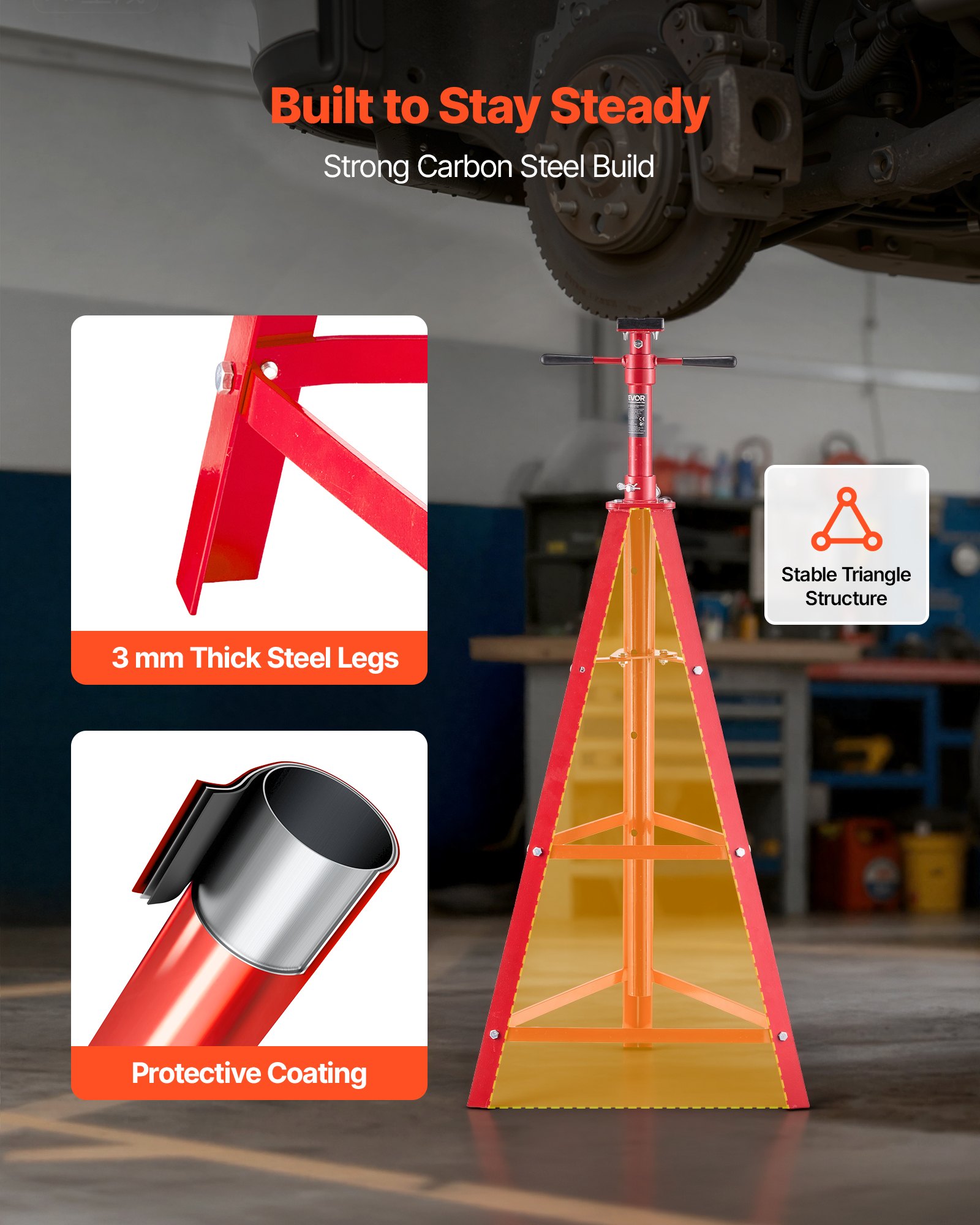 VEVOR Supporto per Fossa Alto Triangolare Carico max. 2 Tonnellate, Cavalletto di Supporto da Fossa Altezza Regolabile 120-215 cm, Cuscinetti, Supporto per Asse di Sollevamento da Officina Garage