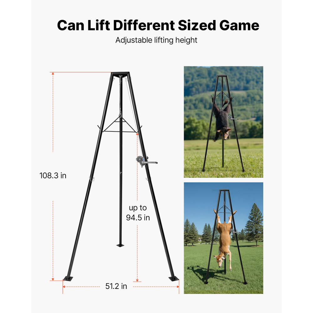 VEVOR Tripod Deer Hoist, 500 lbs Load Capacity, Hunting Game Hoist Winch Lift with Gambrel & Manual Winch, Hunting Game Skinning and Cleaning Accessory for Cleaning, Skinning, and Moving, Black