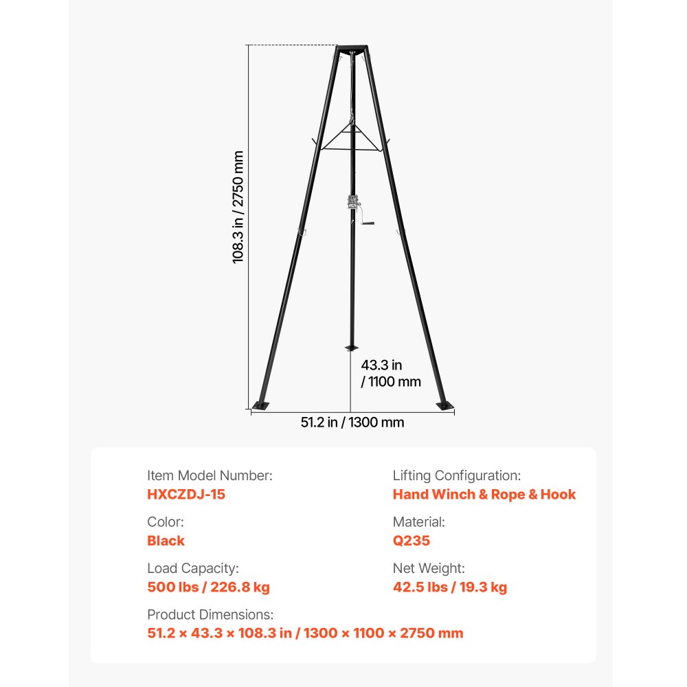 VEVOR Tripod Deer Hoist, 500 lbs Load Capacity, Hunting Game Hoist Winch Lift with Gambrel & Manual Winch, Hunting Game Skinning and Cleaning Accessory for Cleaning, Skinning, and Moving, Black