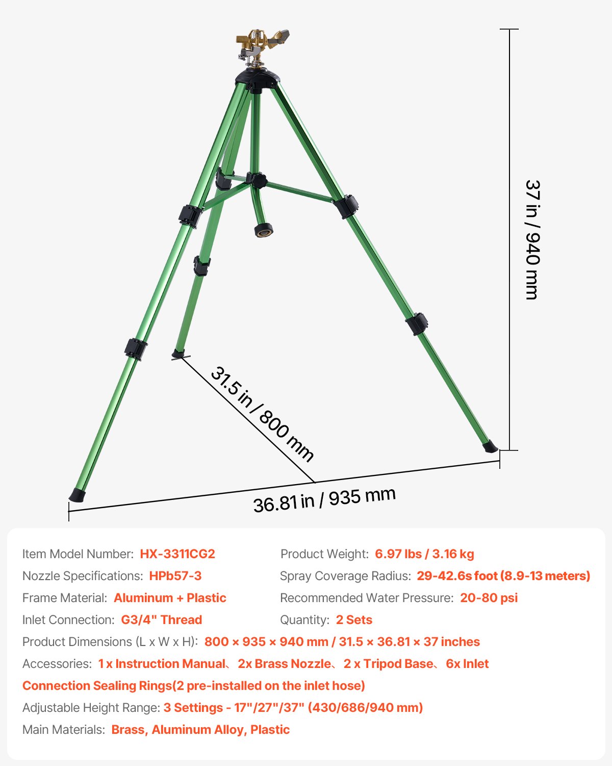 VEVOR Set di Irrigatori a Impulso su Base Treppiede 2 pezzi, Irrigatori a Treppiede a Impatto Girevole 360° da Giardino, Testine in Ottone, Altezza Regolabile a 3 Livelli Raggio di Spruzzo di 13m