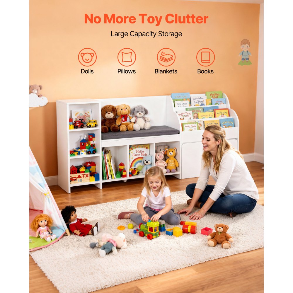 VEVOR Panca Portagiocattoli per Bambini 170 x 40 x 80 cm Cassapanca con Scaffale per Libri in Legno con Contenitore per Giocattoli, Panca da Lettura con Schienale, Cassapanca per Sala Giochi Salotto