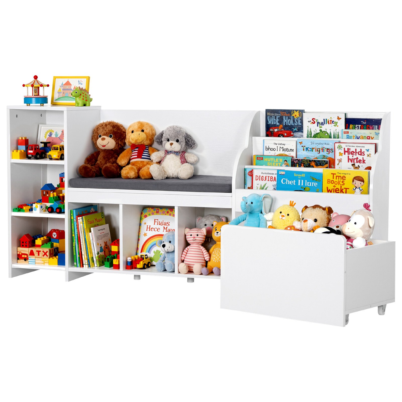 VEVOR Panca Portagiocattoli per Bambini 170 x 40 x 80 cm Cassapanca con Scaffale per Libri in Legno con Contenitore per Giocattoli, Panca da Lettura con Schienale, Cassapanca per Sala Giochi Salotto