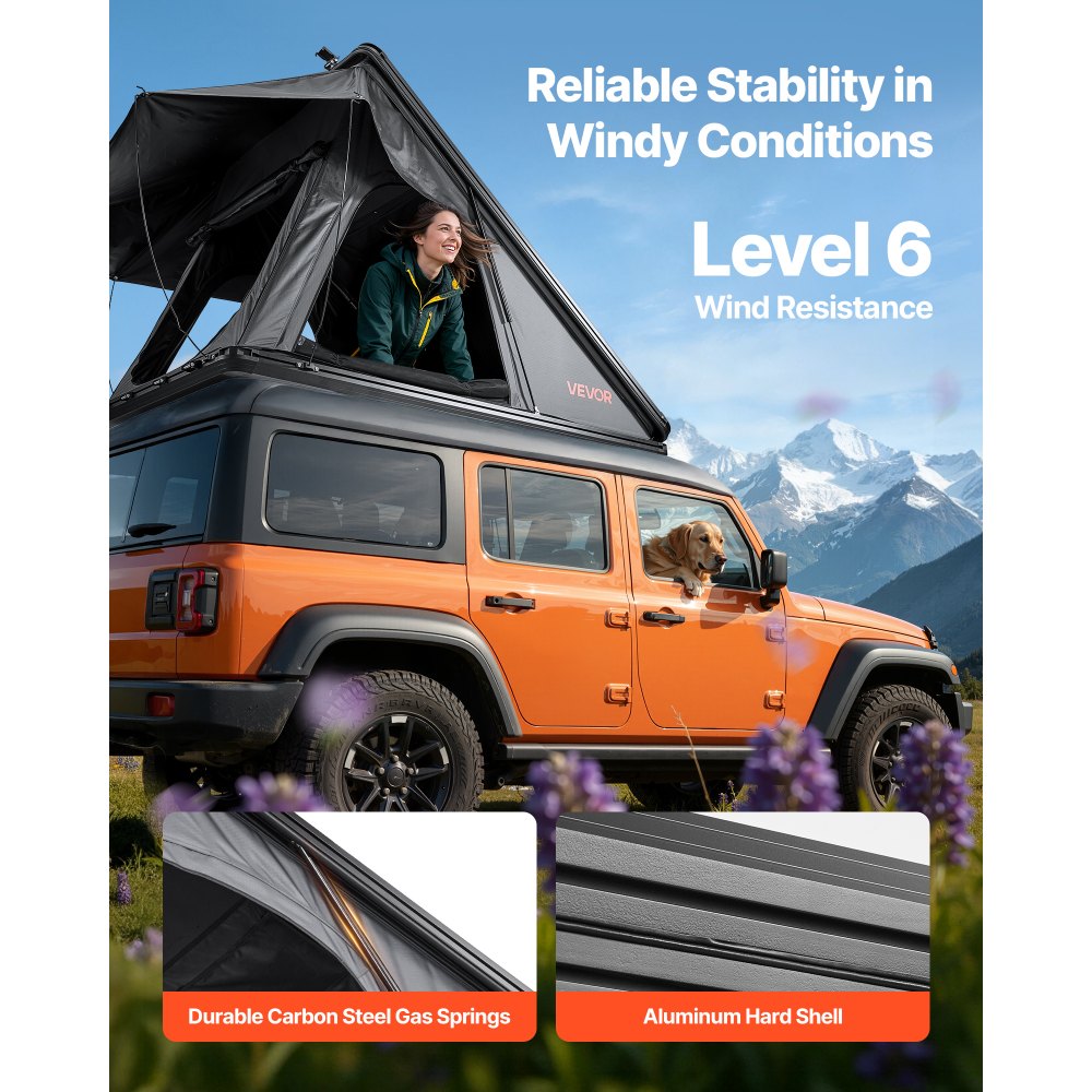 VEVOR Rooftop Tent Hard Shell, 2-3 Person Aluminum Roof Top Tent Hardshell with Tri-Color LED Light & Thick Mattress, Waterproof Windproof Overland Camping Car Roof Rack Suitable for Jeep SUV Pickup
