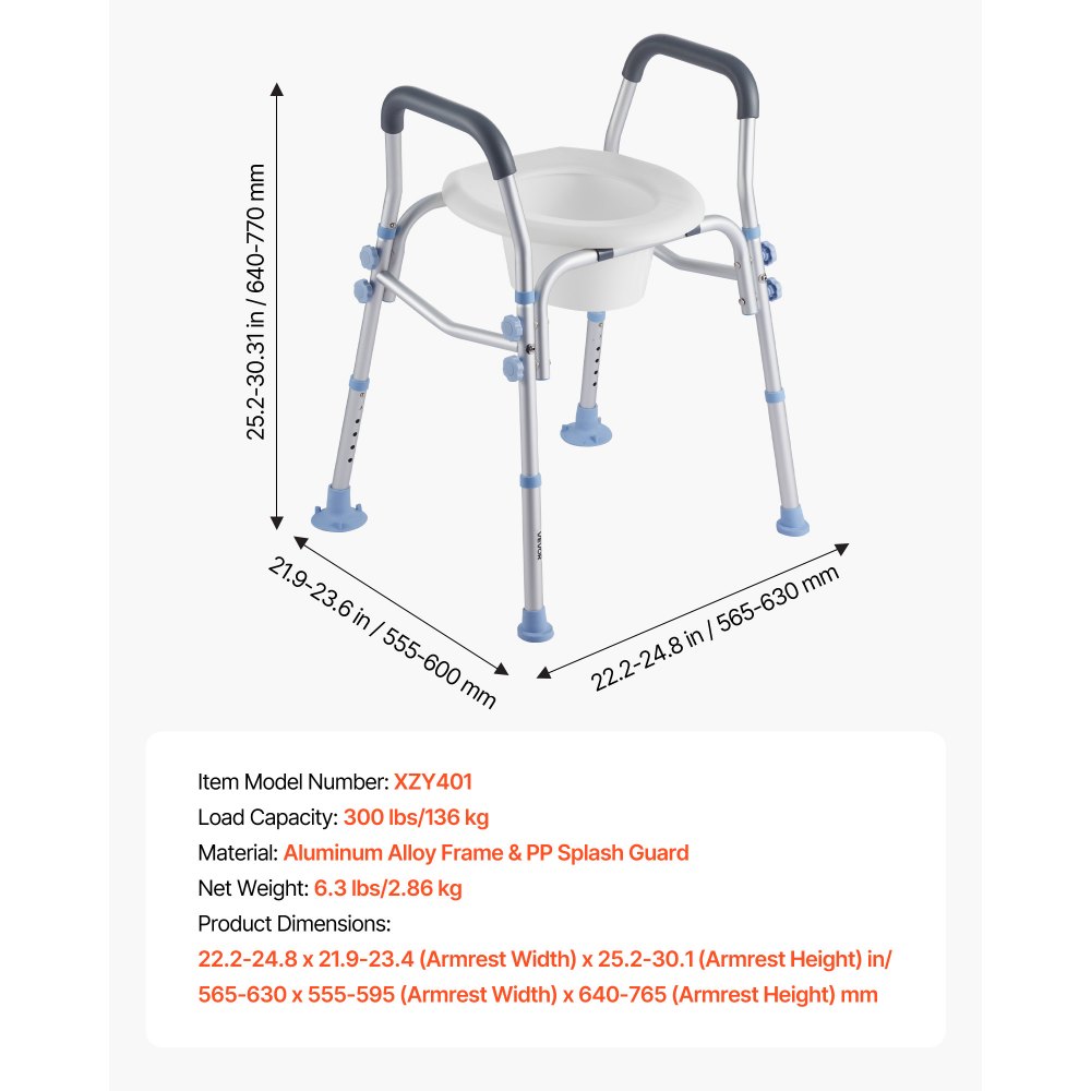 VEVOR Sedile WC Rialzato da Bagno con Braccioli e Capacità di Carico di 136 kg e 4 Gambe, Sedile WC Rialzato Universale Regolabile in Altezza con Paraspruzzi per Anziani, Donne Incinte