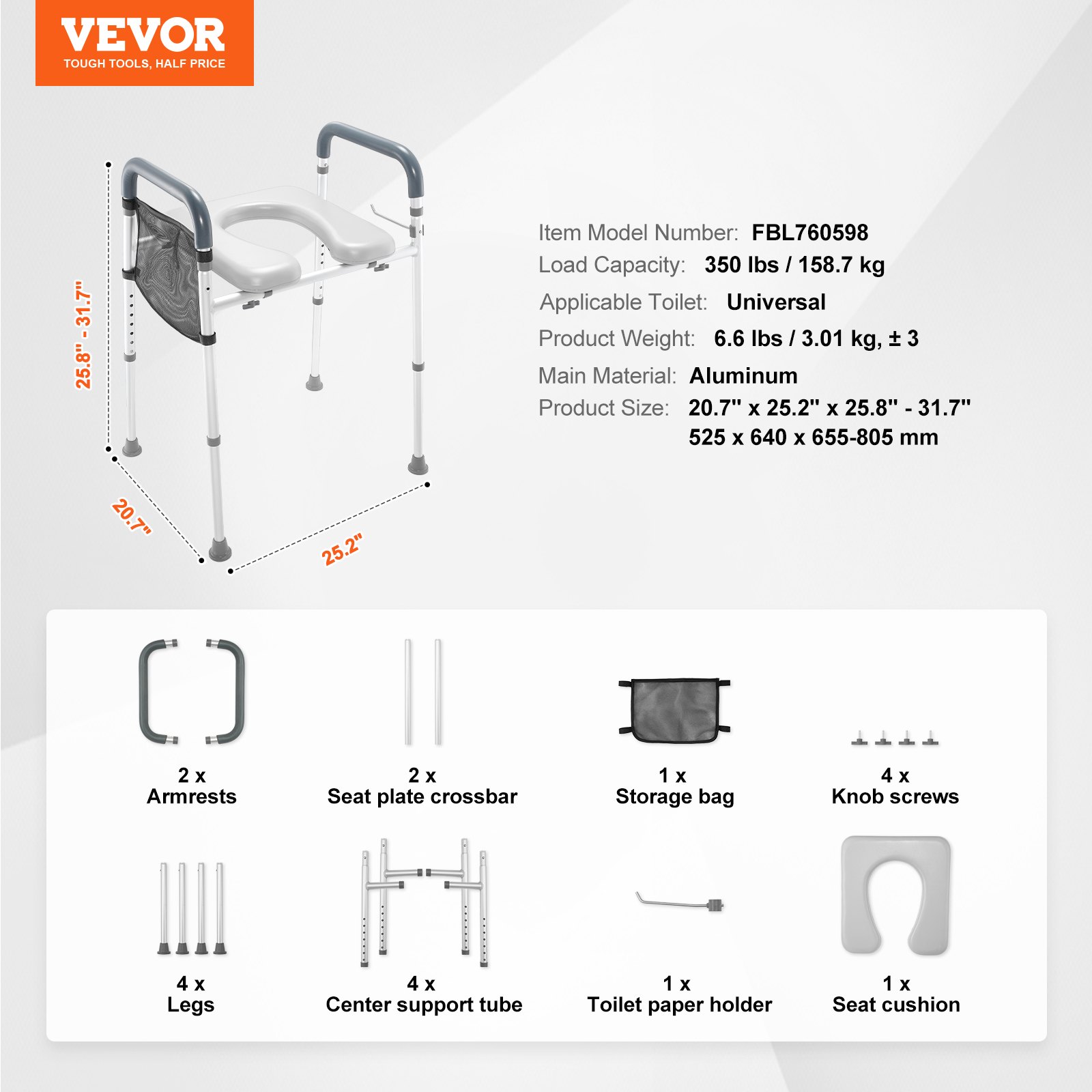 VEVOR Sedile WC Rialzato, Altezza Regolabile tra 49,9 a 64,9 cm, Portata max. 158 kg, Telaio in Alluminio Imbottito, Sedile WC Rialzato Universale, per Anziani, Disabili, Incinte, Ausilio da Bagno