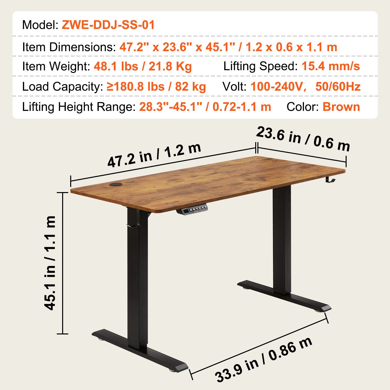 VEVOR Scrivania Regolabile in Altezza da Ufficio Home Office Studio Piano di Lavoro  1,2 x 0,6 m, Scrivania Ergonomica Altezza Regolabile Capacità Carico Massima 82 kg, Scrivania Regolabile Marrone