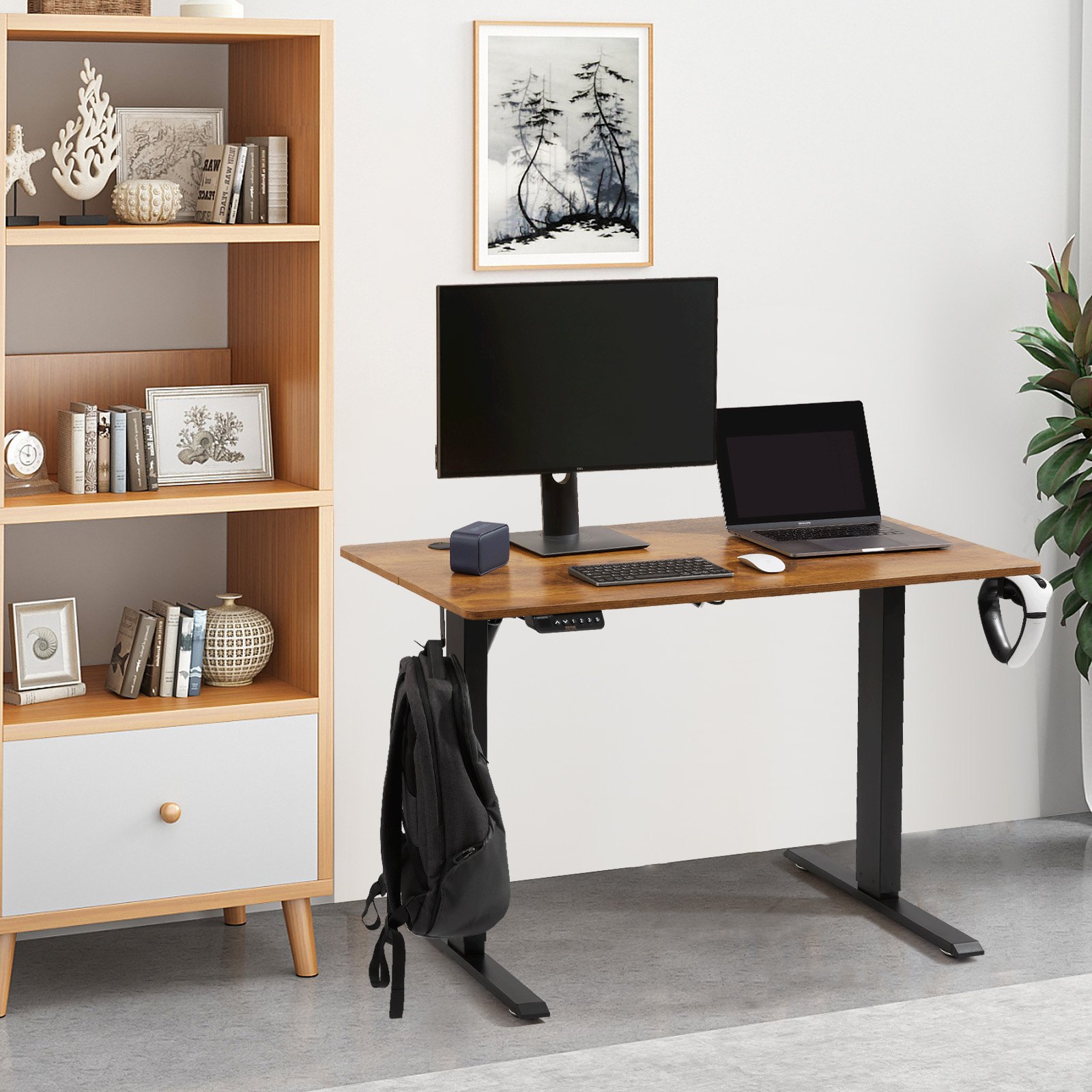 VEVOR Scrivania Regolabile in Altezza da Ufficio Home Office Studio Piano di Lavoro  1,2 x 0,6 m, Scrivania Ergonomica Altezza Regolabile Capacità Carico Massima 82 kg, Scrivania Regolabile Marrone