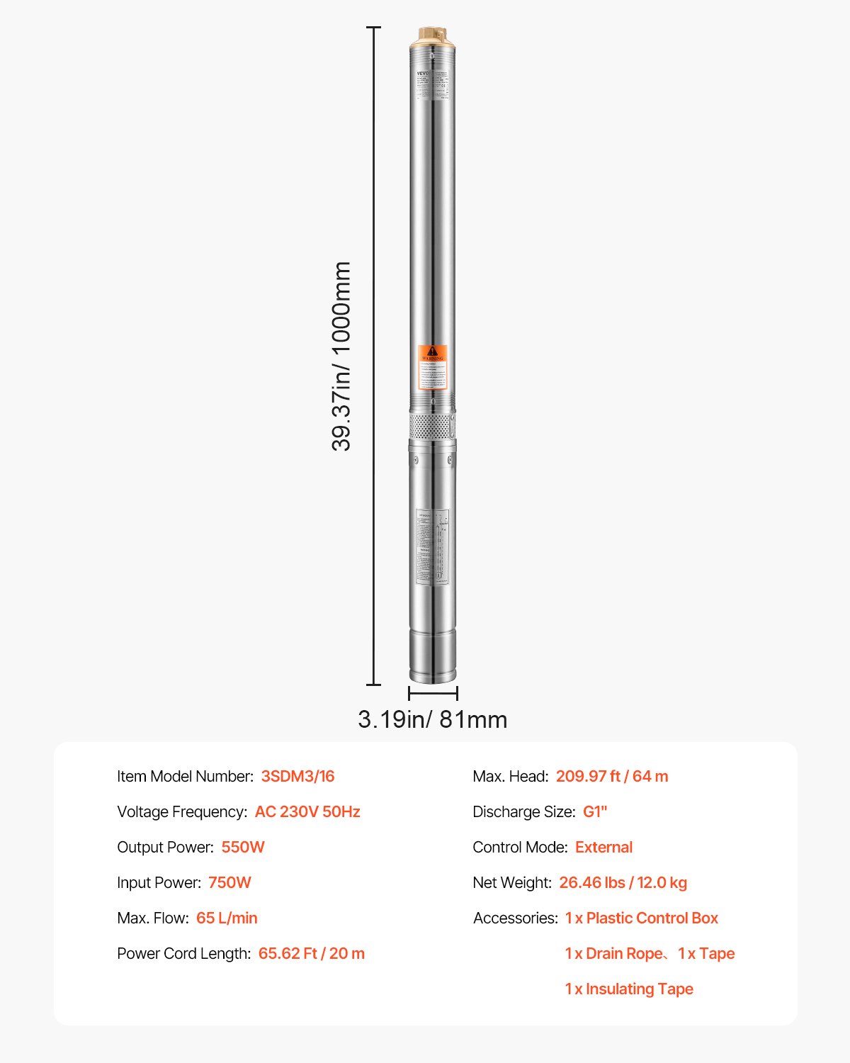 VEVOR Pompa Sommergibile per Pozzi Profondi IP68, Potenza in Uscita 550 W, 230 V, Portata 65 L/min, Prevalenza 64 m, con Cavo da 20 m, Pompa per Acqua in Acciaio Inox per Irrigazione Industriale