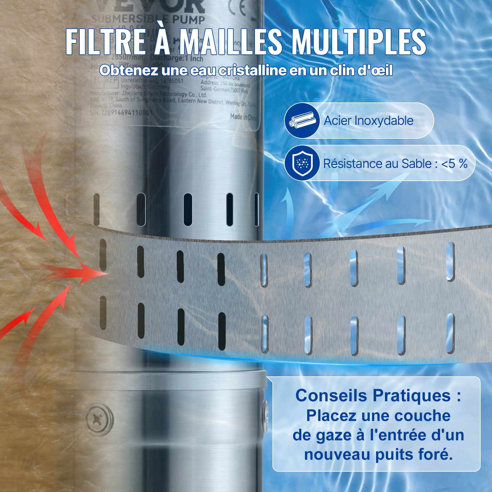 VEVOR Pompa d'Acqua Sommergibile 550W Flusso 35L/min per Piscina Giardino Orto in Acciaio Inox, Pompa Sommersa per Pozzi Profondi 230V Prevalenza Max. 108m, Pompa Sommergibile