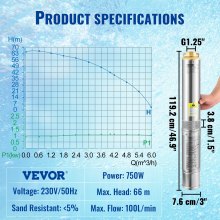 VEVOR Pompa d'Acqua Sommergibile 750W Flusso 100L/min per Piscina Giardino Orto in Acciaio Inox, Pompa per Pozzi Sommersa 230 V Prevalenza Max. 66m, Pompa per Pozzo Piscina in Acciaio Inox con Cavi