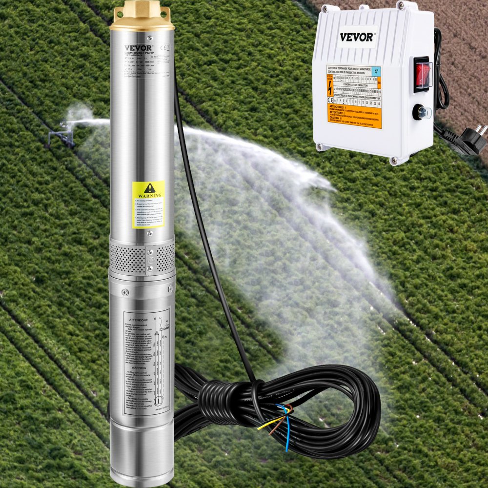 VEVOR Pompa d'Acqua Sommergibile 1100W Flusso 190L/min per Piscina Giardino Orto in Acciaio Inox, Pompa Sommersa per Pozzi Profondi 230V Prevalenza Max. 57m, Pompa Pozzo con Scatola Controllo Esterna