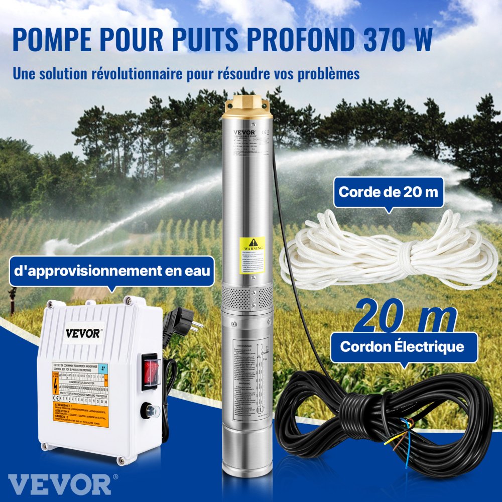 VEVOR Pompa d'Acqua Sommergibile 370W Flusso 110L/min per Piscina Giardino Orto in Acciaio Inox, Pompa Sommersa per Pozzi Profondi 230V Prevalenza Max. 44m, Pompa Pozzo con Scatola Controllo Esterna