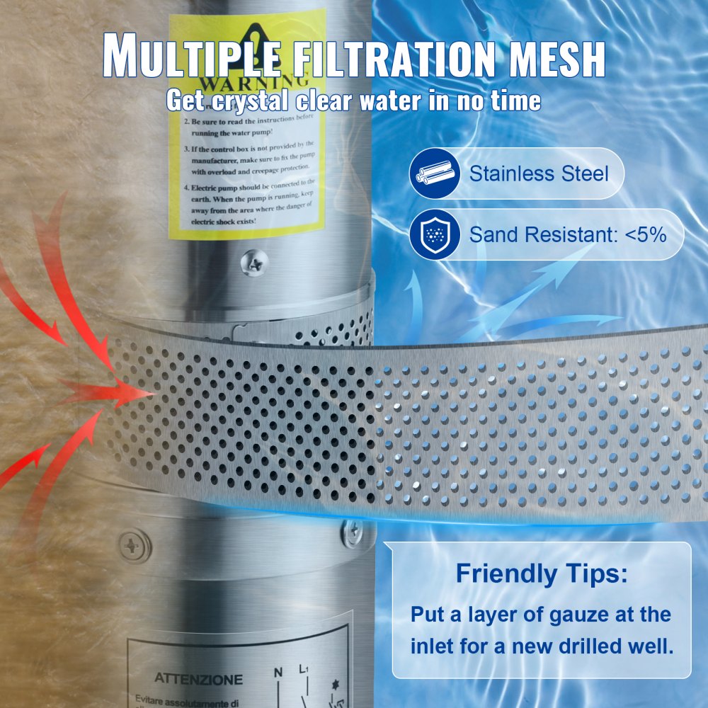 VEVOR Pompa d'Acqua Sommergibile 550W Flusso 50L/min per Piscina Giardino Orto in Acciaio Inox, Pompa Sommersa per Pozzi Profondi 230V Prevalenza Max. 89m, Pompa Pozzo con Interruttore di Pressione