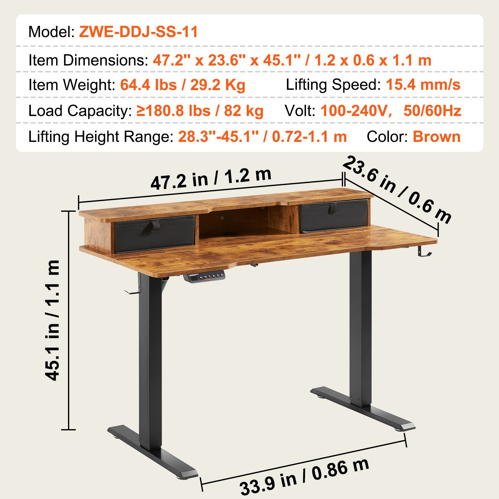 VEVOR Scrivania Regolabile in Altezza da Ufficio Home Office Studio Piano di Lavoro 1,2 x 0,6 m con Cassetti 2 Ripiani, Scrivania Ergonomica Altezza Regolabile Capacità Carico Massima 82 kg Marrone