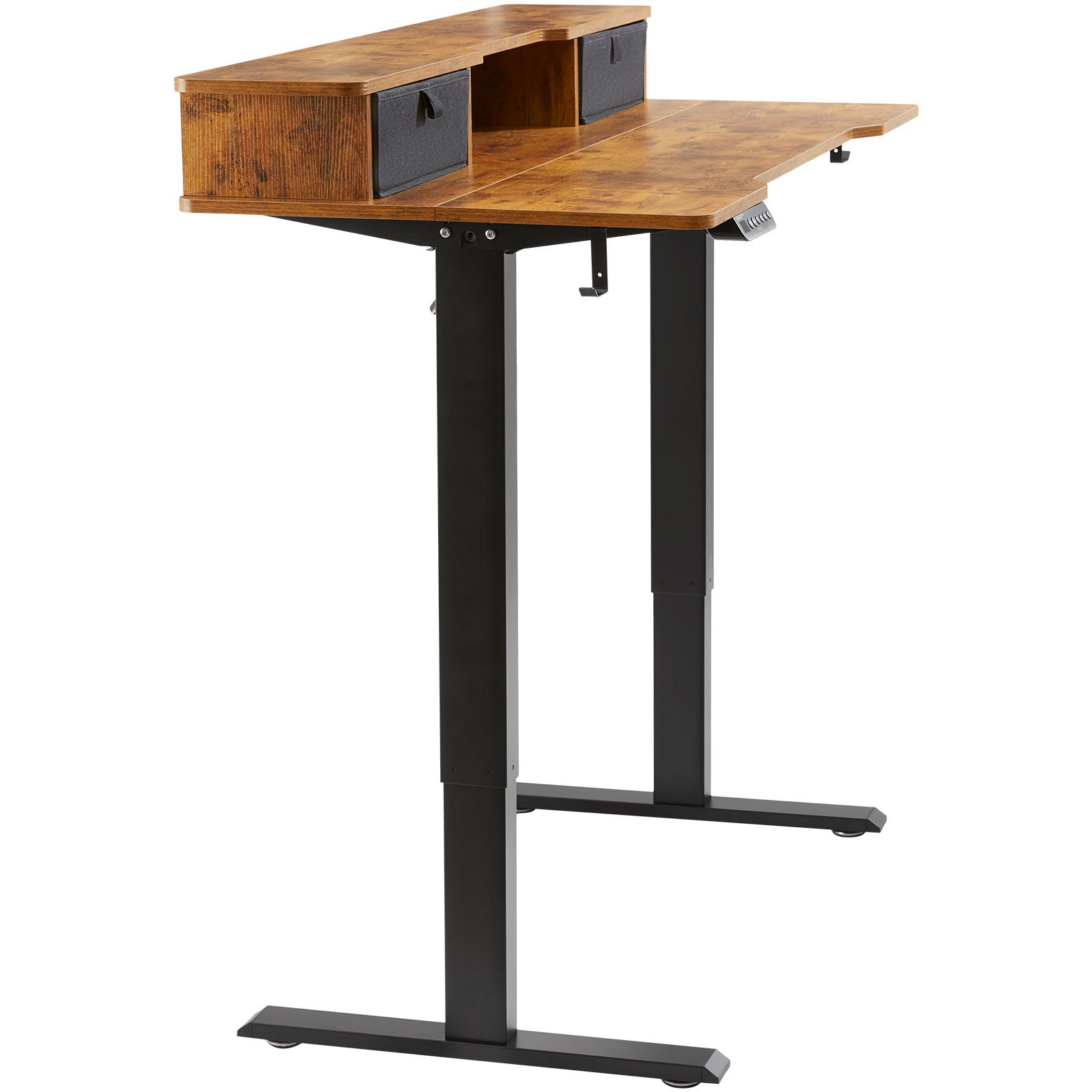 VEVOR Scrivania Regolabile in Altezza da Ufficio Home Office Studio Piano di Lavoro 1,2 x 0,6 m con Cassetti 2 Ripiani, Scrivania Ergonomica Altezza Regolabile Capacità Carico Massima 82 kg Marrone