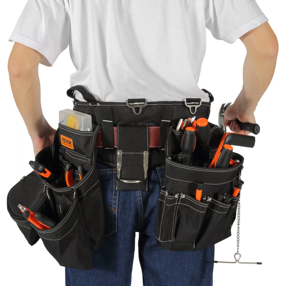 VEVOR Cintura porta attrezzi, 32 tasche, regolabile da 32 pollici a 54 pollici, Borsa porta attrezzi staccabile per elettricista, falegname, tuttofare, falegname, edilizia, corniciaio, Nero