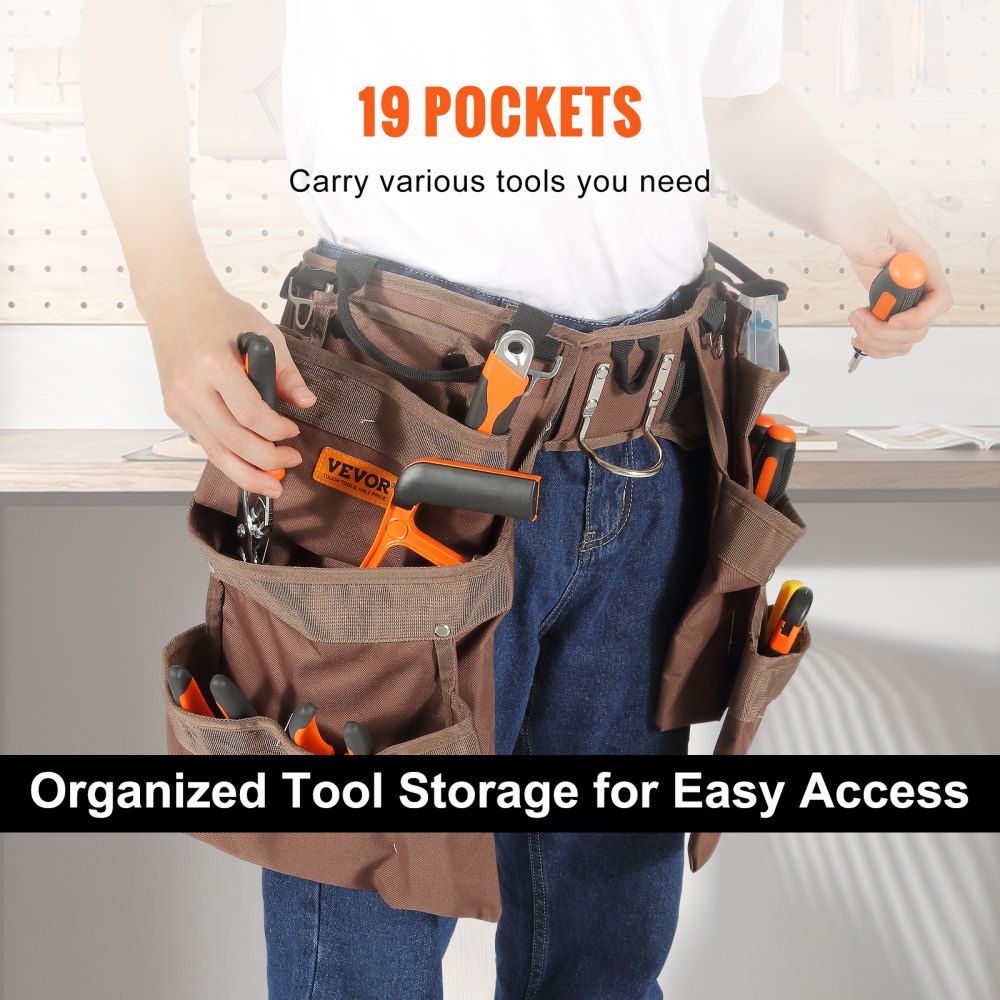 VEVOR Tool Belt with 19 Pockets, Adjustable from 81.2 to 137.2 cm, Robust Polyester Tool Bag, Detachable Tool Pouch for Electricians, Carpenters, DIY Enthusiasts, Woodworkers, Construction Workers, Brown