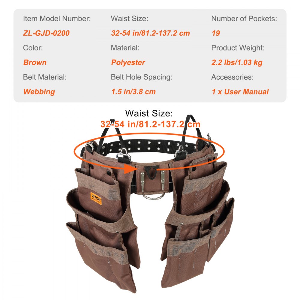 VEVOR Tool Belt with 19 Pockets, Adjustable from 81.2 to 137.2 cm, Robust Polyester Tool Bag, Detachable Tool Pouch for Electricians, Carpenters, DIY Enthusiasts, Woodworkers, Construction Workers, Brown