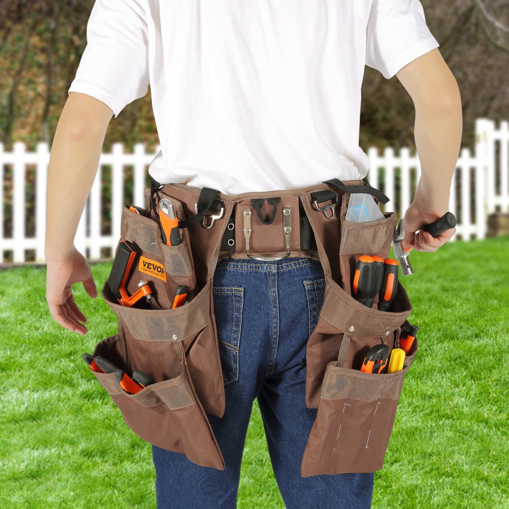 VEVOR Tool Belt with 19 Pockets, Adjustable from 81.2 to 137.2 cm, Robust Polyester Tool Bag, Detachable Tool Pouch for Electricians, Carpenters, DIY Enthusiasts, Woodworkers, Construction Workers, Brown