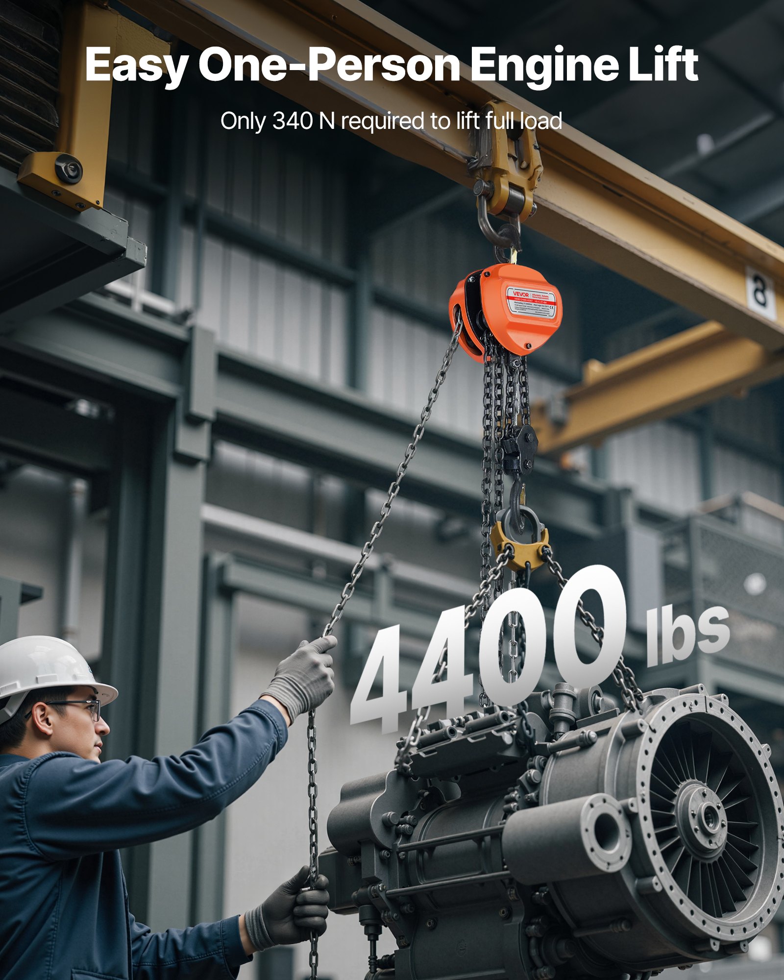 VEVOR Paranco a Catena Manuale, Capacità 2 T, con Catena Zincata G80 di Aggiornamento, Altezza di Sollevamento 6 m, Paranco a Puleggia per Macchinari Automobilistici da Magazzino, Arancione