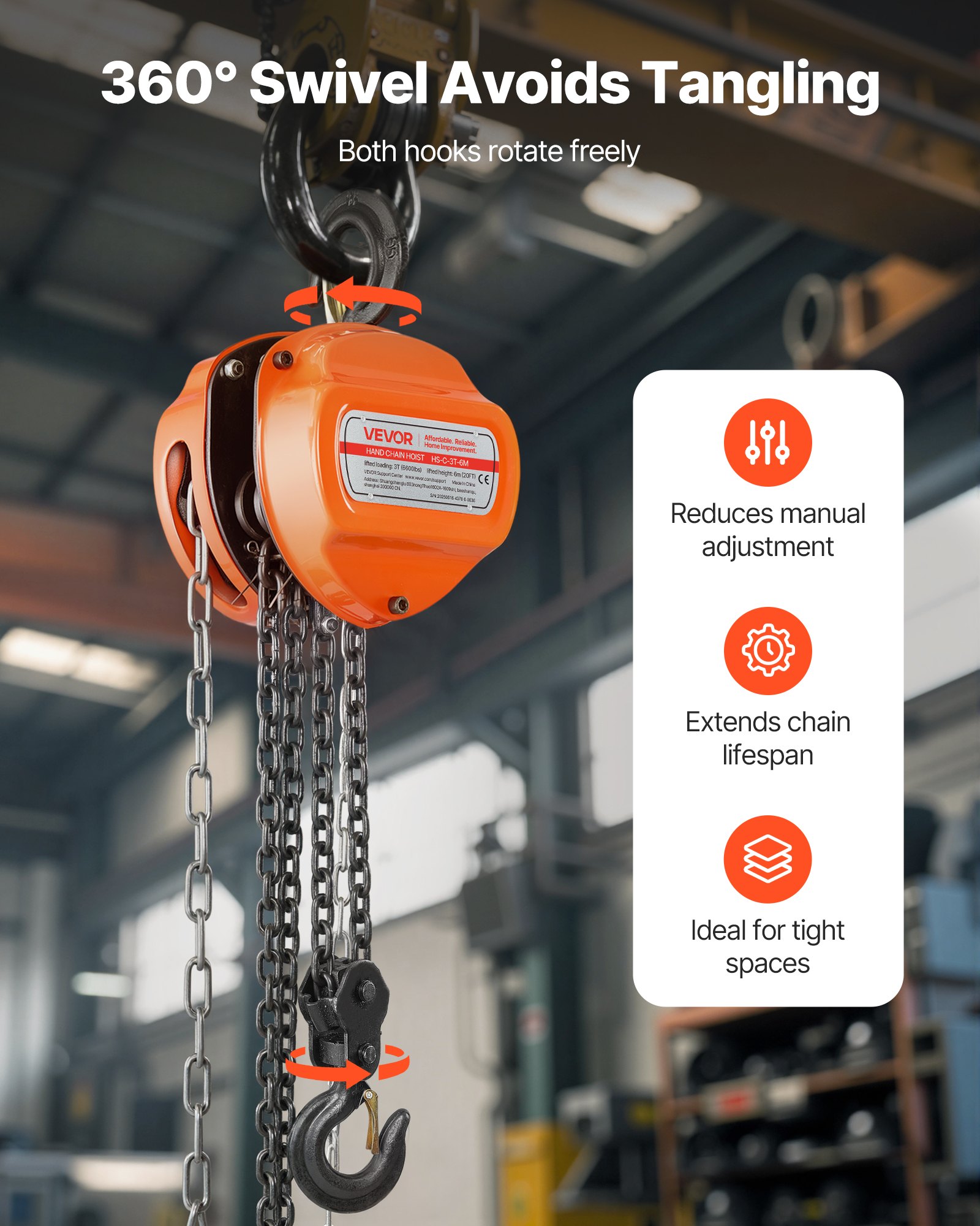 VEVOR Paranco a Catena Manuale, Capacità 3 T, con Catena Zincata G80 di Aggiornamento, Altezza di Sollevamento 6 m, Paranco a Puleggia per Macchinari Automobilistici da Magazzino, Arancione